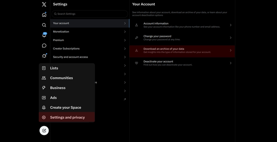 X Settings page to download an archive of your data.