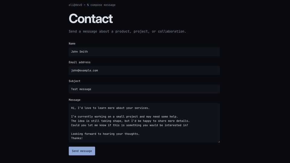 Django contact form showing name, email, subject, and message fields.