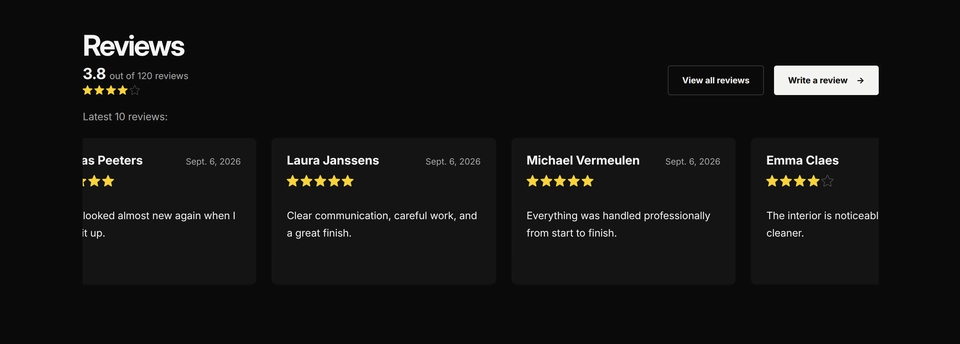 Homepage carousel showing the 10 latest reviews.