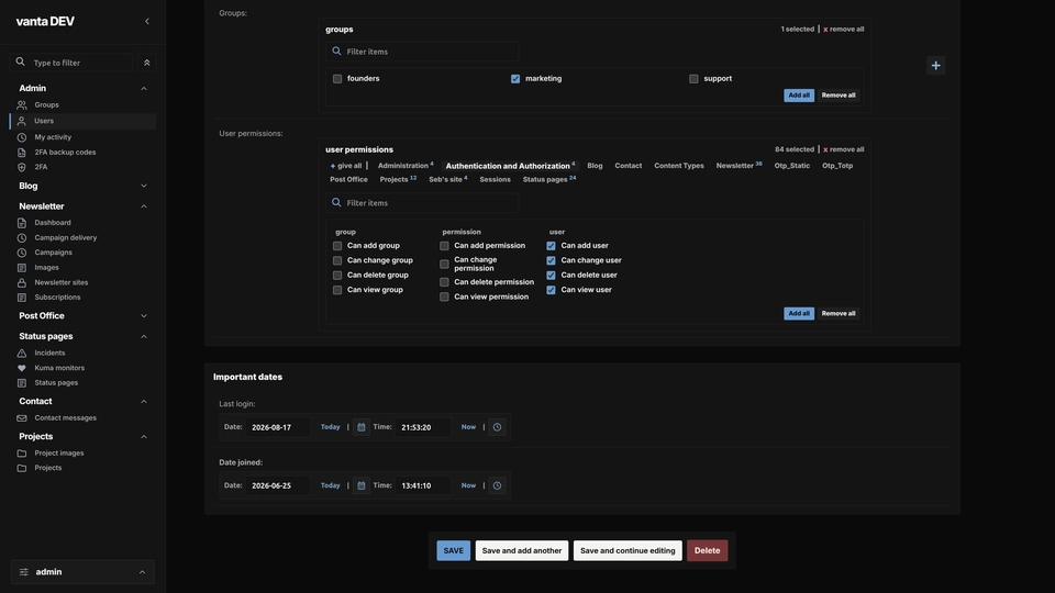 Vanta Admin many-to-many filters showing compact controls - dark theme