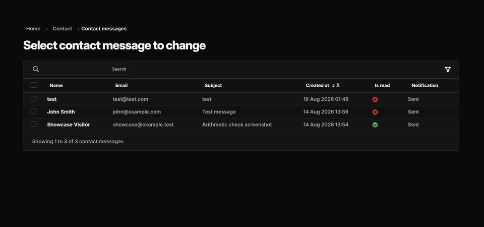 Django Admin contact-message list using Vanta Theme, with unread filtering and notification status.